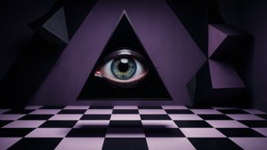 三角形の中に目があり、幾何学的な要素を備えたダークな抽象画。 — トリッピーなダークエステティック 壁紙