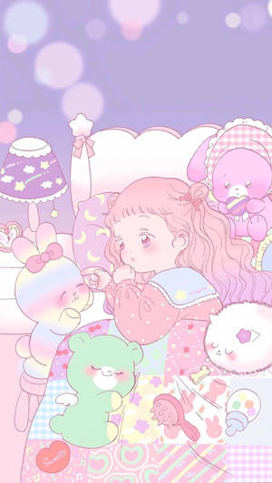 ベッドの上のかわいいアニメ少女とぬいぐるみ