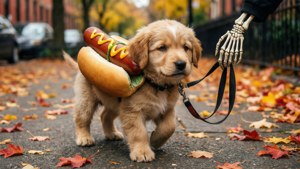 かわいい子犬がホットドッグのコスチュームを着て、スケルトンの手のリードで歩いている。 — 秋 壁紙