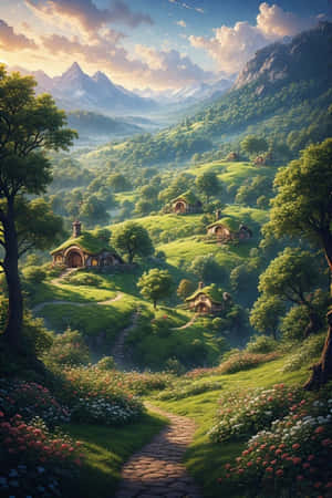 ホビット庄、ホビットの家、緑の丘、ファンタジー、庭園、花咲く、絵本のような、日の出、旅、風景、4K — 4K 壁紙