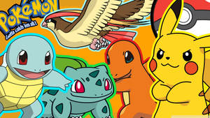 ポケモンの壁紙に描かれたかわいいゼニガメ、フシギダネ、ヒトカゲ、ピカチュウ。