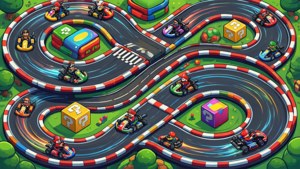 カートがレースを繰り広げるマリオカートのサーキットのアイソメトリック視点。 — Nintendo 壁紙