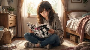 部屋でマンガを楽しむ少女の平和な光景。 — 漫画GIF 壁紙