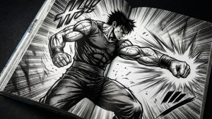 白黒のダイナミックなマンガパネルで、激しいアクションが描かれています。 — 漫画GIF 壁紙
