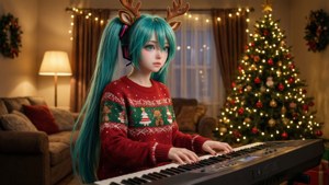 クリスマスセーターを着てキーボードを演奏する初音ミク