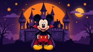 フラットベクタースタイルで描かれた、お化け城の前に立つヴァンパイア姿のミッキーマウス