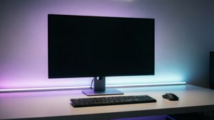 RGBライティングを備えた清潔でモダンなデスクトップセットアップ。