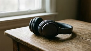 柔らかな光の中、木製テーブルに置かれたヘッドフォンの静かな情景。 — 音楽 美学 壁紙