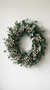 白い壁に掛けられたシンプルなユーカリのリース、北欧スタイル。 — クリスマス エステ 壁紙