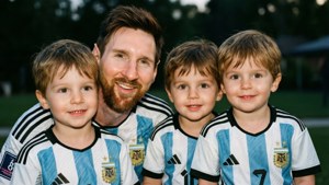 アルゼンチン代表ユニフォームを着たメッシと息子たち。