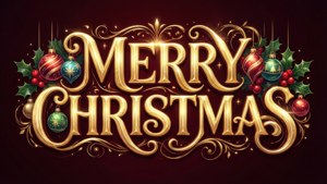 アニメ風の「メリークリスマス」の文字とオーナメント