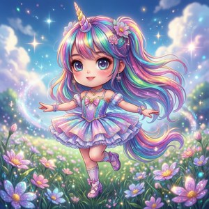 キラキラ輝く野原で踊る、ちびユニコーンのアニメ風少女。 — 春 壁紙