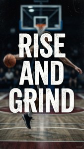 バスケットボールコートのシーンに重ねられた、やる気を起こさせる名言「RISE AND GRIND」。 — バスケットボール GIF 壁紙