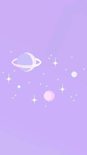 ライトパープルのiPhoneに浮かぶドット絵の惑星 — 薄紫のエスセティック 壁紙