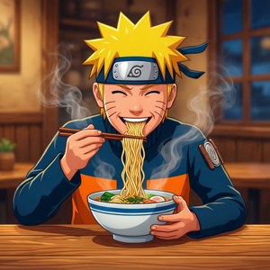 ナルトが嬉しそうにラーメンを楽しむフラットベクターイラスト — 1:1 壁紙