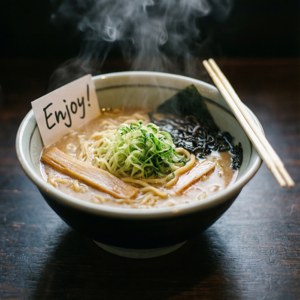 湯気が立ち上るラーメン丼のクローズアップ、個人的なメモが添えられている — Galaxy Watch 壁紙