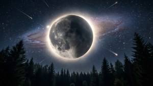 銀河のリングに覆われた月が、暗い森の上に浮かぶ様子。
