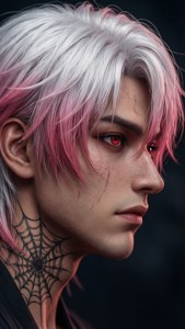 肌の質感や蜘蛛の巣のタトゥーが細かく描かれたルイのクローズアップ横顔。