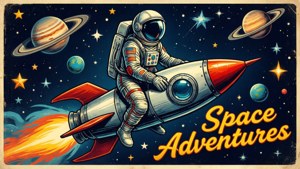 宇宙飛行士がロケットに乗ったヴィンテージ風ポスター — 宇宙 壁紙