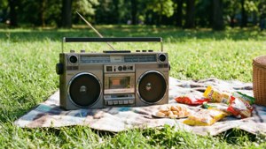 晴れた日の公園ピクニックで楽しむレトロなブームボックス。 — 音楽 美学 壁紙