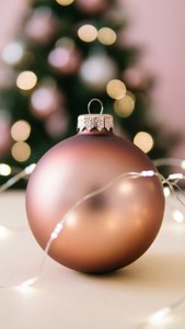 ローズゴールドのクリスマスオーナメントを美しくクローズアップ。背景にはボケ味のあるイルミネーションが広がる。 — iPhone 8 Plus 壁紙