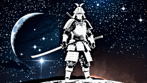 浮世絵、日本美術、侍、宇宙、融合アート、ヴィンテージ、銀河、月、伝統とSFの融合、レトロ和風、テクスチャー入りプリント