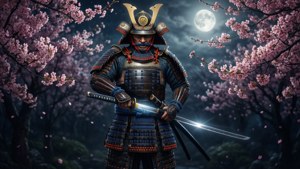 桜の木の下で、光る刀を構える侍。漆黒の背景。