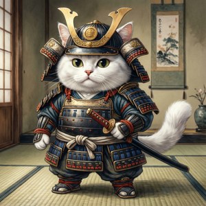 伝統的な日本の風景の中にいるかわいい侍猫 — アニメ猫 壁紙