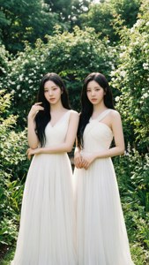 緑豊かな庭園で白いドレスを着たTWICE — 트와이스 壁紙
