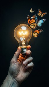蝶と共に光る電球を手に持っている。