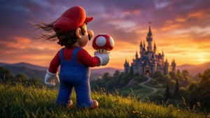 夕日の中、遠くの城を見つめるマリオがスーパーキノコを手に持ち、穏やかで冒険心あふれる風景が広がる。 — マリオ 壁紙