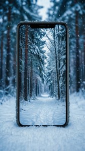 雪の中のiPhone 11と冬の森の壁紙