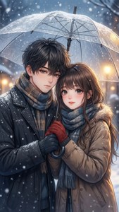 雪の中、傘をさすアニメカップル — アニメカップル GIF 壁紙