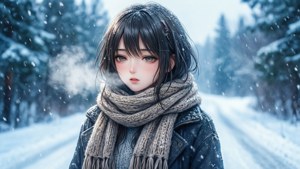 アニメの少女が雪景色を楽しんでいる様子。