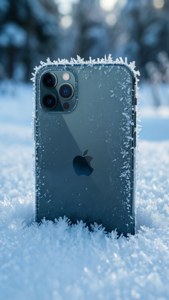 雪に埋もれ、霜のディテールと冬の背景が施されたiPhone 11 Pro Max。