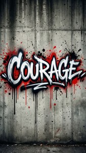 コンクリートに描かれた大胆なグラフィティ「勇気」。赤と黒のスプラッターが特徴のアーバングランジスタイル。 — 美的な言葉 壁紙