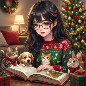 クリスマスのお話を動物たちに読み聞かせるアニメ風の少女