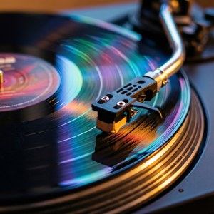 カラフルな光の反射を捉えたレコードプレーヤーのマクロショット。 — 音楽 美学 壁紙