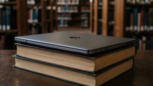 図書館の本の上に置かれたChromebook。勉強をテーマにした壁紙に最適。