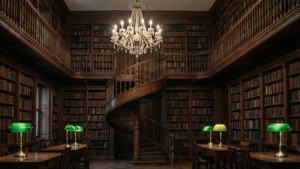 螺旋階段とシャンデリアを備えた荘厳なダークアカデミア図書館。