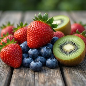 木のテーブルに彩り豊かに並べられた、みずみずしい夏のフルーツ。鮮やかで健康的な印象。 — 夏の美学 壁紙