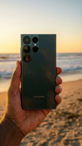 S24 Ultraを手に持った夕日のビーチ、ゴールデンアワー、穏やかで自然な雰囲気。