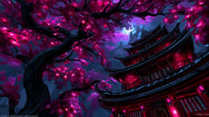 パゴダ、古代、ファンタジー、花、木、夕暮れ、建築、神秘、東洋、輝く、伝統、夢幻、葉、精神的、鮮やか