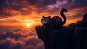 カラフルな夕日を背景にしたチェシャ猫のシルエット。 — チェシャ猫 壁紙
