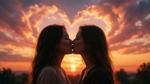 夕日を背景に、LGBTQ+カップルのシルエットがキスを交わすロマンチックな光景。ハート型の雲が浮かぶ。