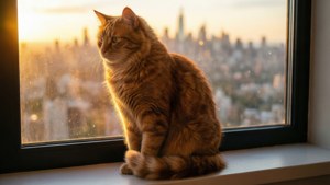 オレンジのトラ猫が、街の上に広がる黄金の夕日を背景にシルエットとなっている。 — 猫 壁紙