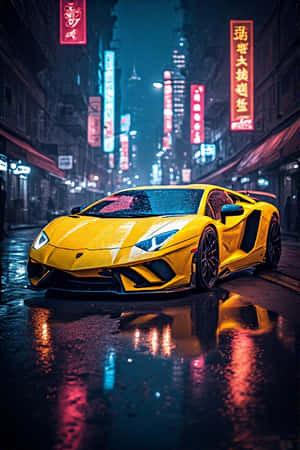 ランボルギーニ、ネオンイエロー、シティライト、夜、未来的、都会、濡れた道路、反射、輝く、4K、ポートレート壁紙