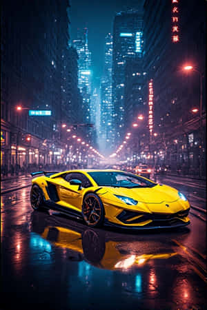 ランボルギーニ、ネオンイエロー、街灯、夜、未来的、都会、濡れた道路、反射、輝き、4K、ポートレート壁紙