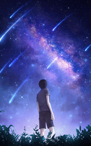 夜空を見上げる少年のアニメ風景 — アニメ 男の子 壁紙