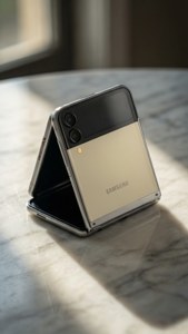Galaxy Z Flip 5を大理石の上に配置した、エレガントでミニマルな壁紙。